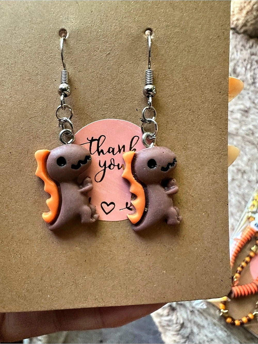 Dinosaur Drop Earrings in Brown & Orange